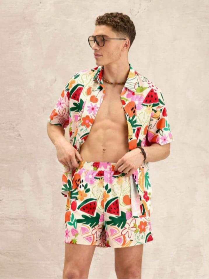 Uptown Funky Men's Fashion Daily Casual Loose Short Sleeve Shirt & Drawstring Waist Streight Leg Shorts Sleepwear Set